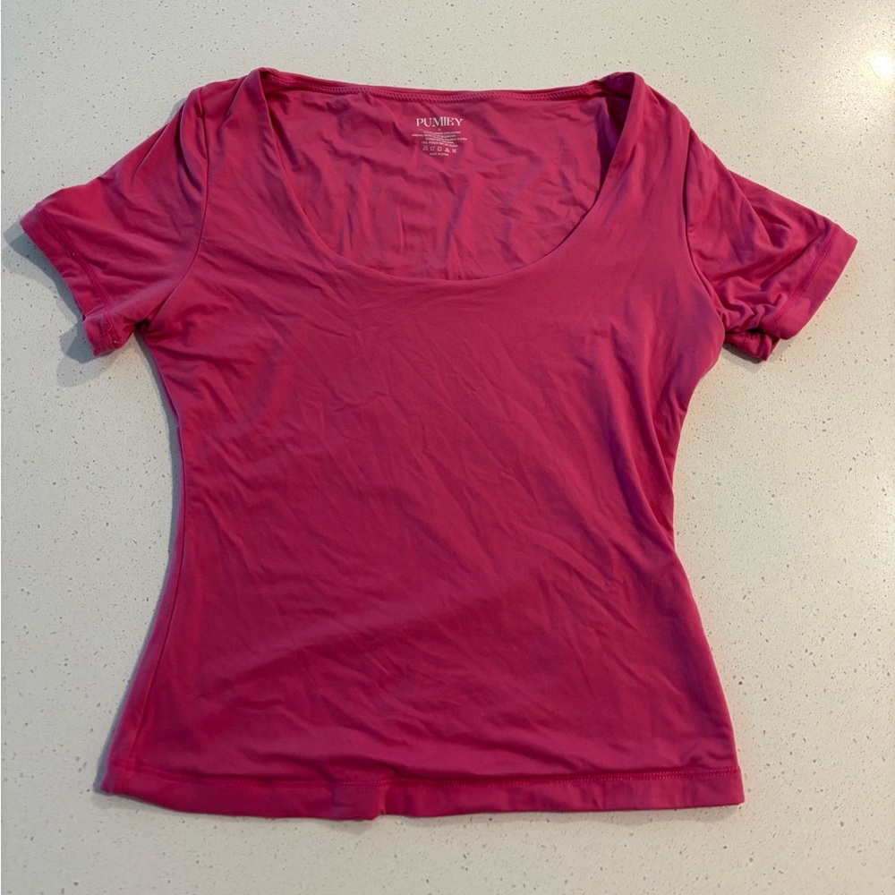 Pumiey Women's Scoop Neck Short Sleeve Sretchy Top - Hot Pink S